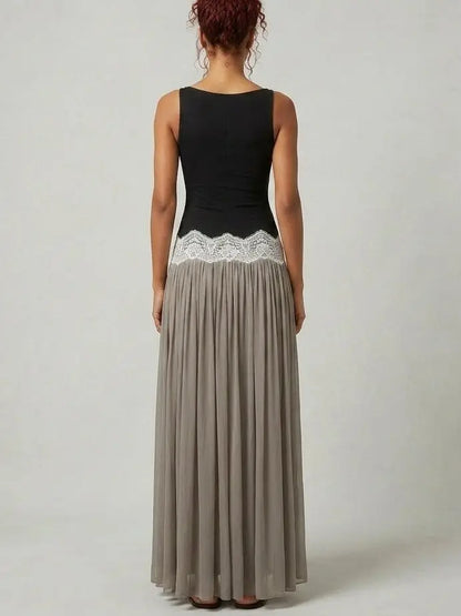 Contrast Lace Waist Pleated Maxi Dress - Dresses