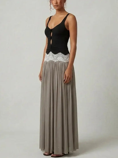 Contrast Lace Waist Pleated Maxi Dress - Dresses
