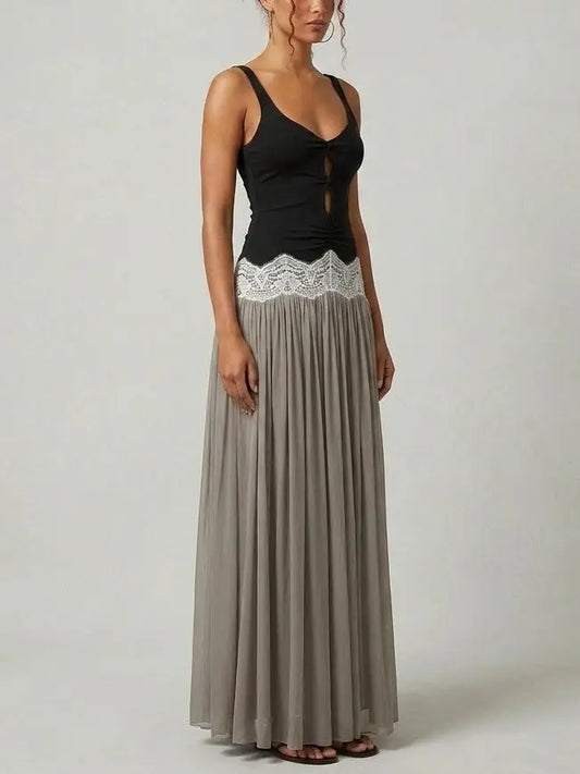 Contrast Lace Waist Pleated Maxi Dress - Dresses