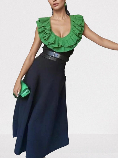 Contrast Ruffle Collar Sleeveless Midi Dress Dresses