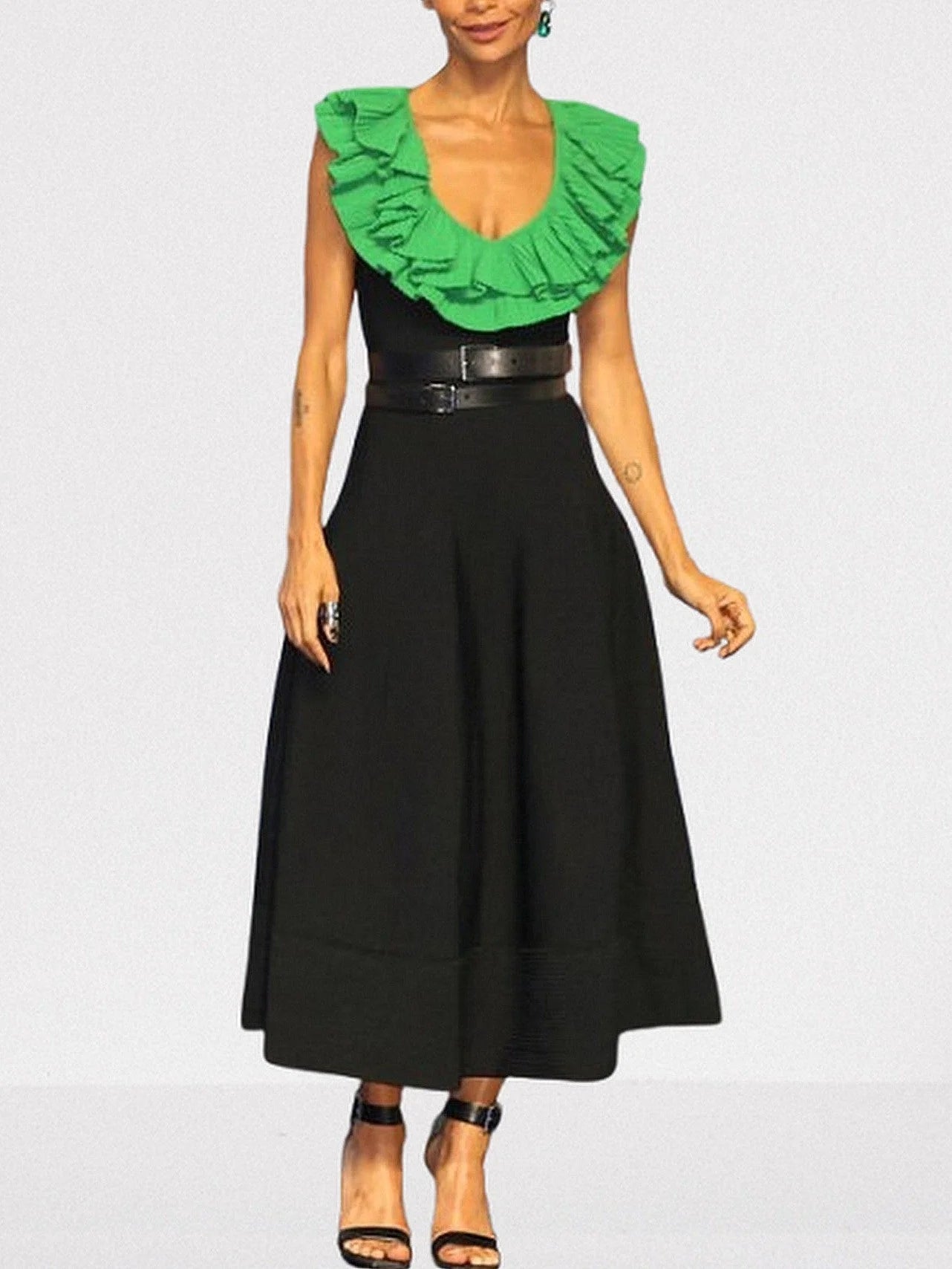 Contrast Ruffle Collar Sleeveless Midi Dress Dresses
