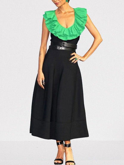 Contrast Ruffle Collar Sleeveless Midi Dress Dresses
