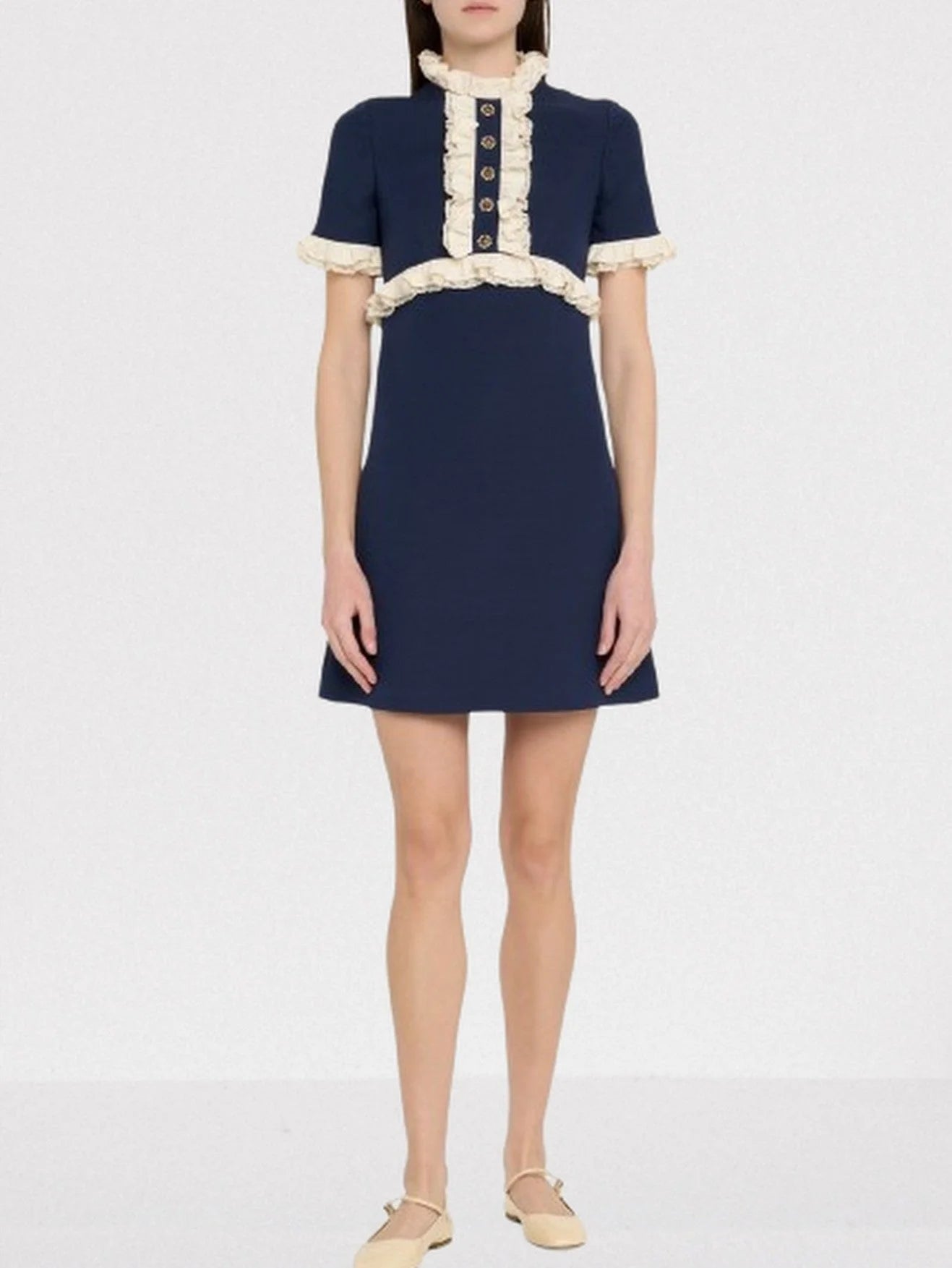 Contrasting Ruffle-Trim Crepe Mini Dress - S - Dresses