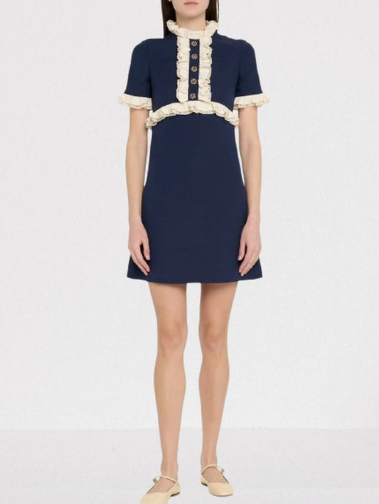 Contrasting Ruffle-Trim Crepe Mini Dress - S - Dresses