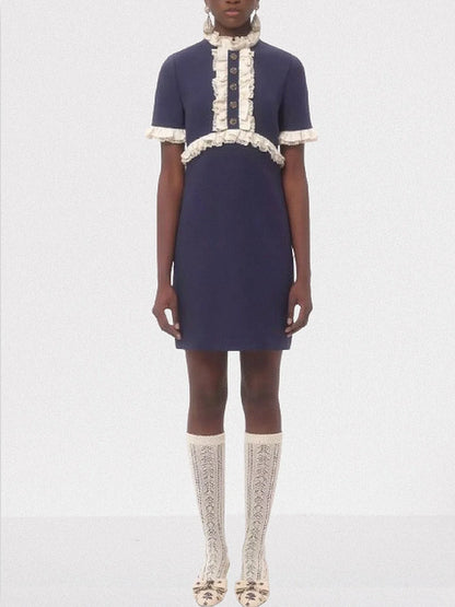 Contrasting Ruffle-Trim Crepe Mini Dress - Dresses
