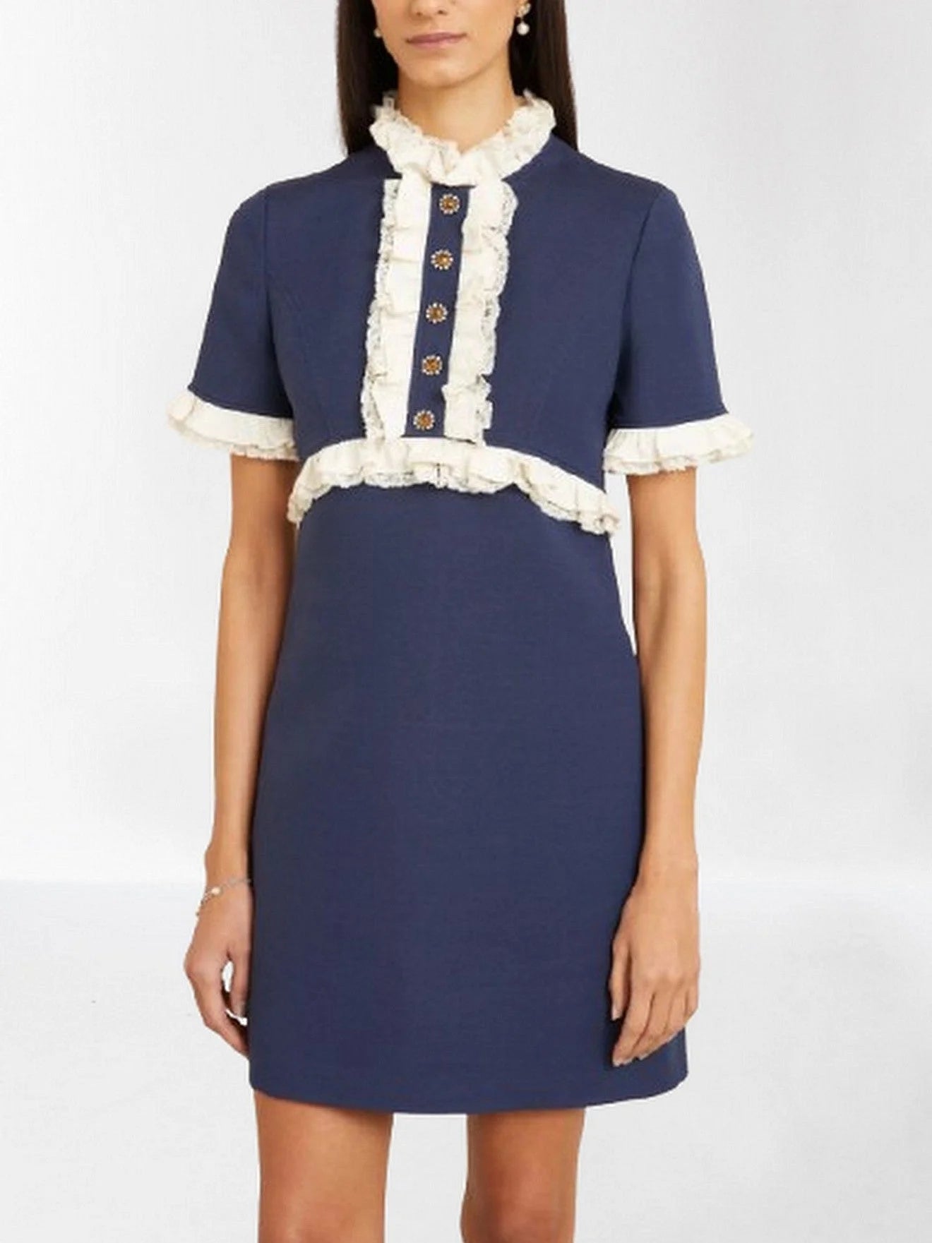Contrasting Ruffle-Trim Crepe Mini Dress - Dresses