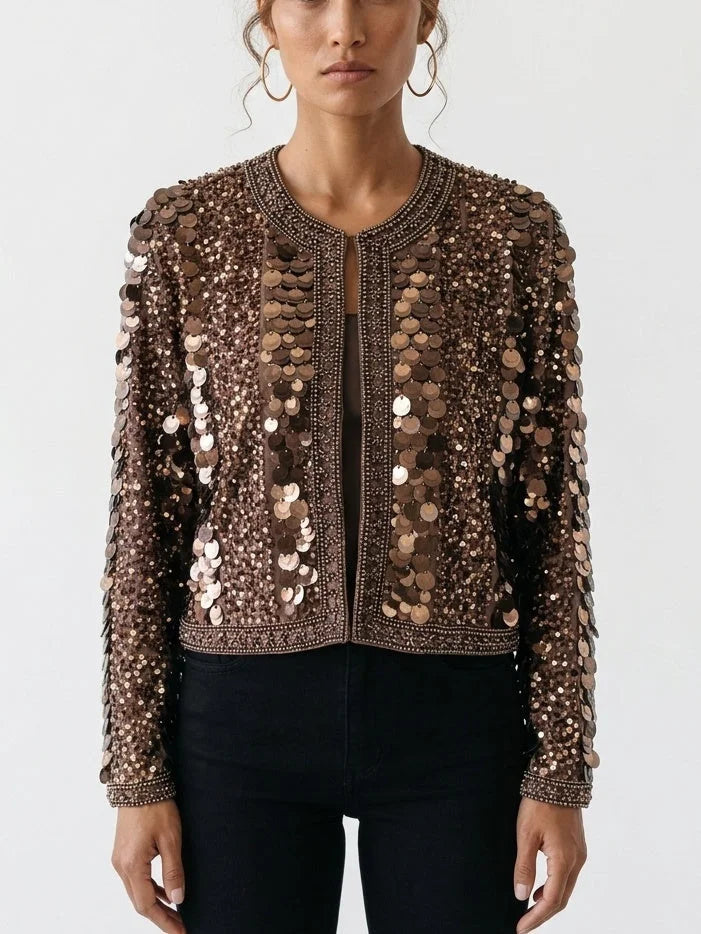 Copper Sequin Embellished Cropped Jacket - S - Jackets