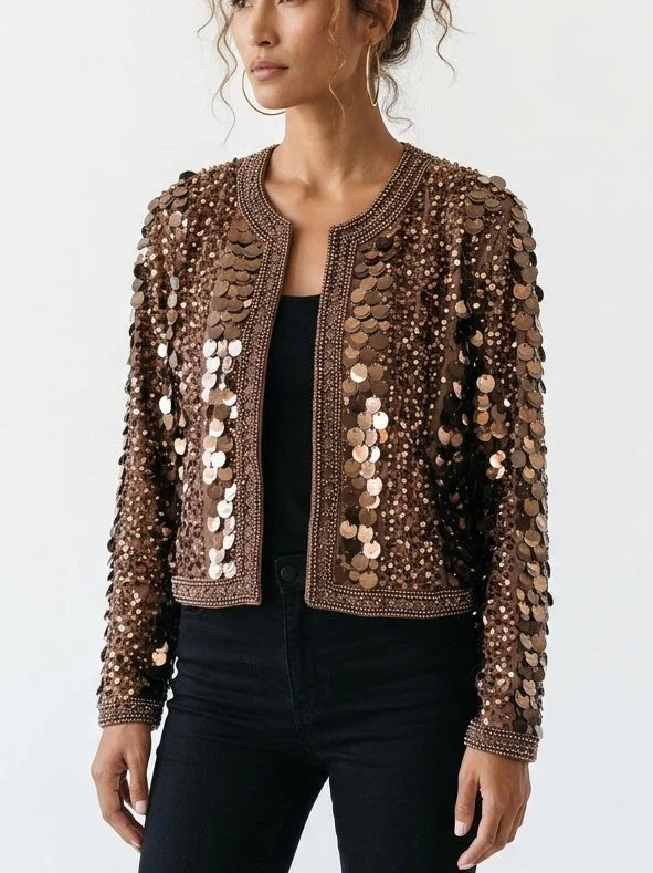 Copper Sequin Embellished Cropped Jacket - Jackets