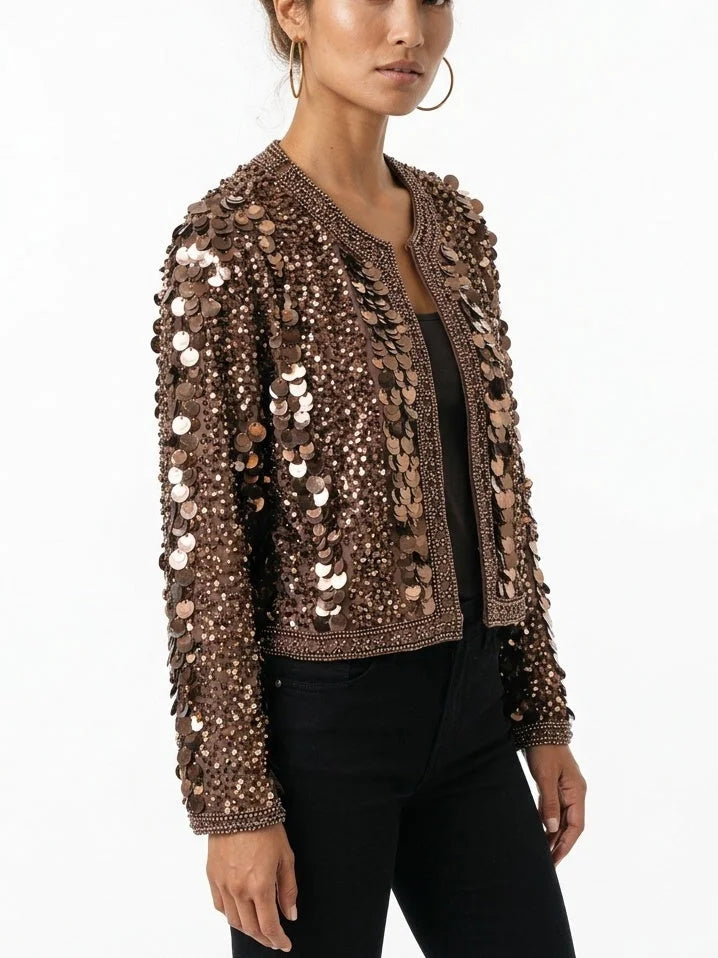 Copper Sequin Embellished Cropped Jacket - Jackets
