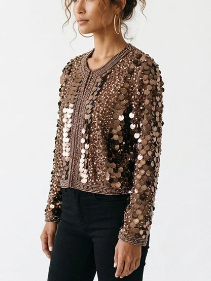 Copper Sequin Embellished Cropped Jacket - Jackets