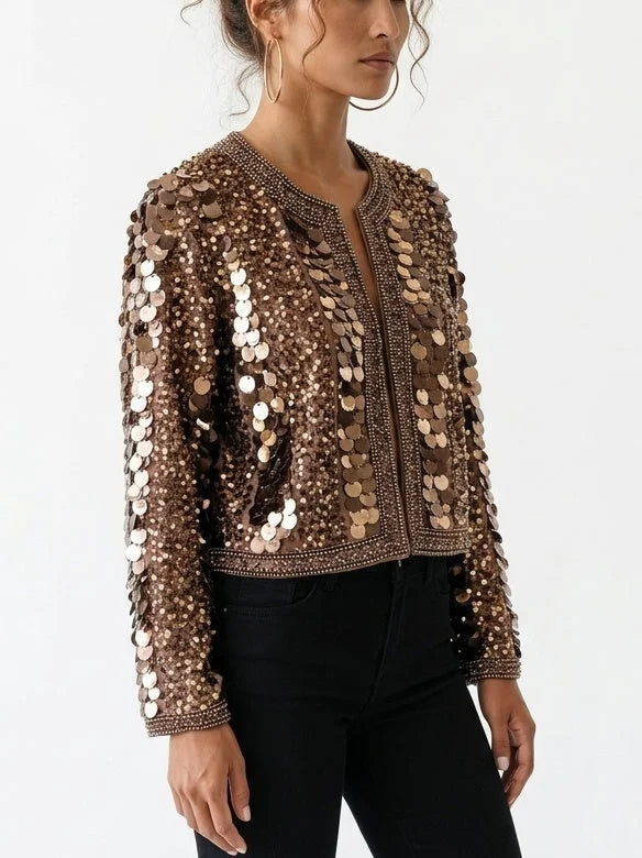Copper Sequin Embellished Cropped Jacket - Jackets