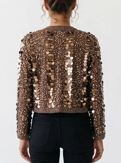 Copper Sequin Embellished Cropped Jacket - Jackets