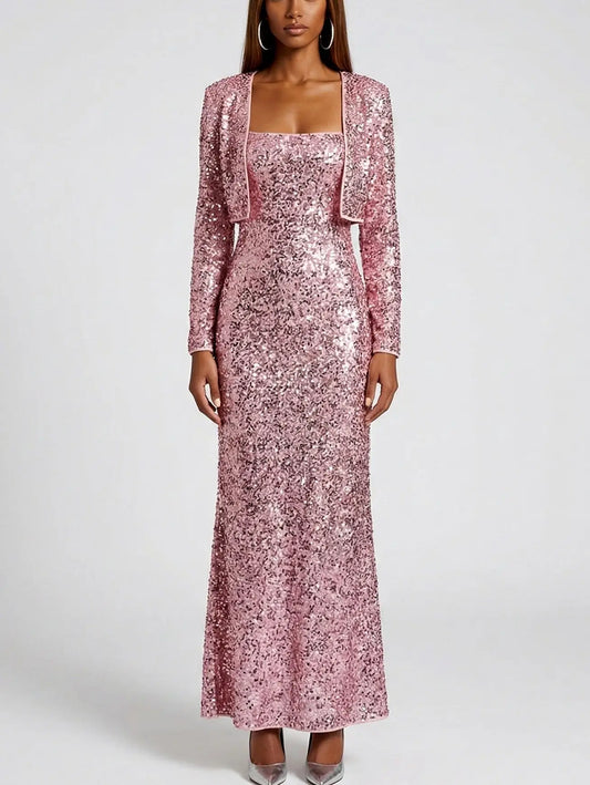 Corded Sequin Maxi Dress with Cropped Cardigan - S - Dresses