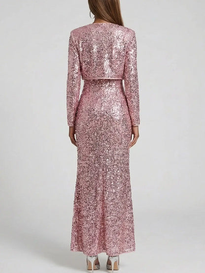 Corded Sequin Maxi Dress with Cropped Cardigan - Dresses