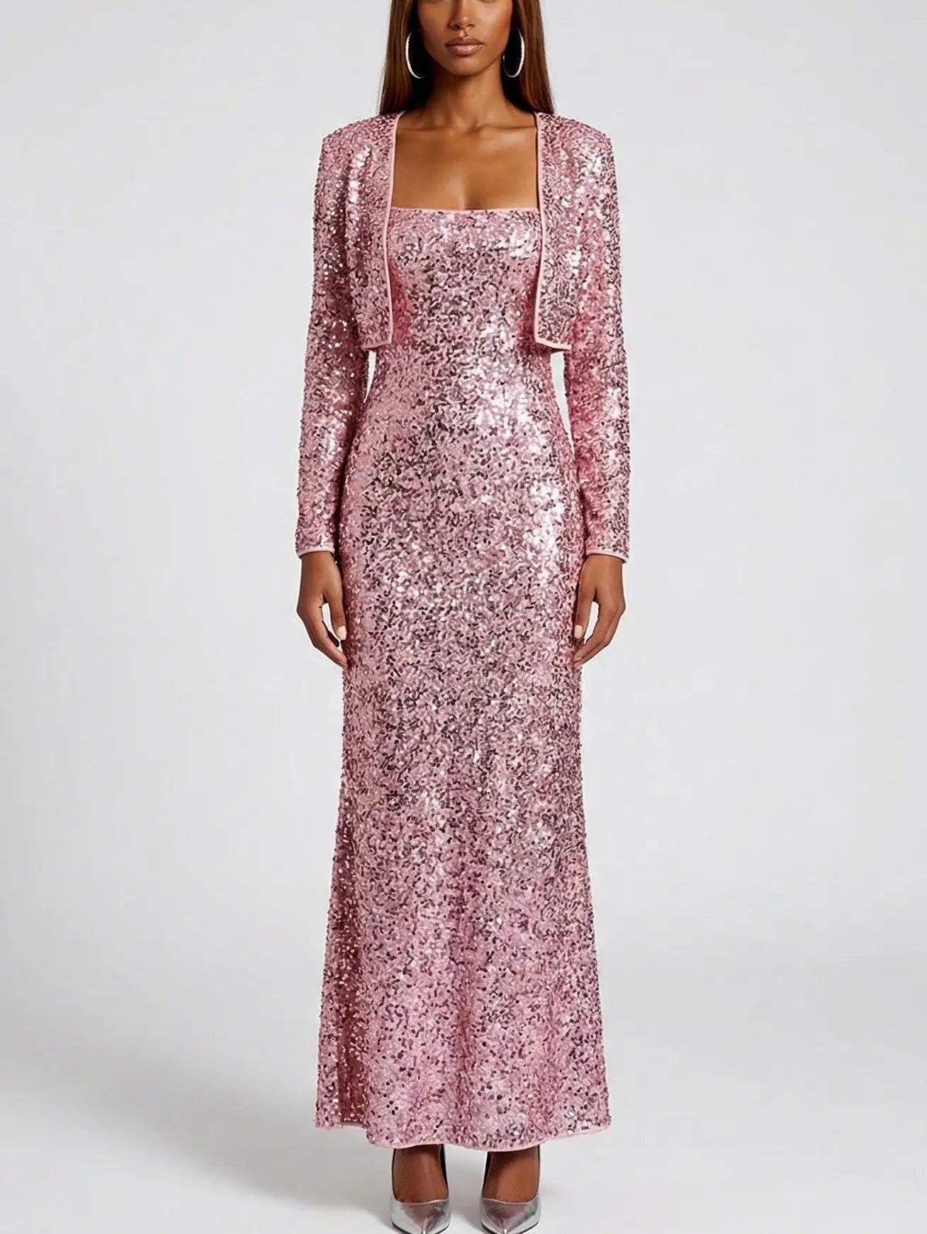 Corded Sequin Maxi Dress with Cropped Cardigan - Dresses