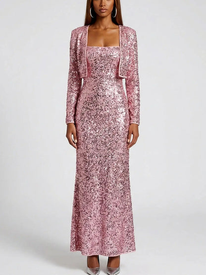 Corded Sequin Maxi Dress with Cropped Cardigan - Dresses