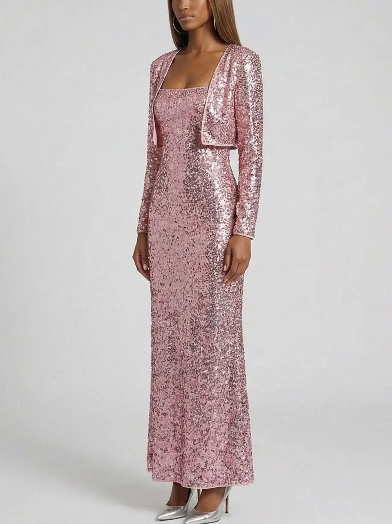 Corded Sequin Maxi Dress with Cropped Cardigan - Dresses