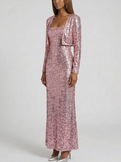 Corded Sequin Maxi Dress with Cropped Cardigan - Dresses