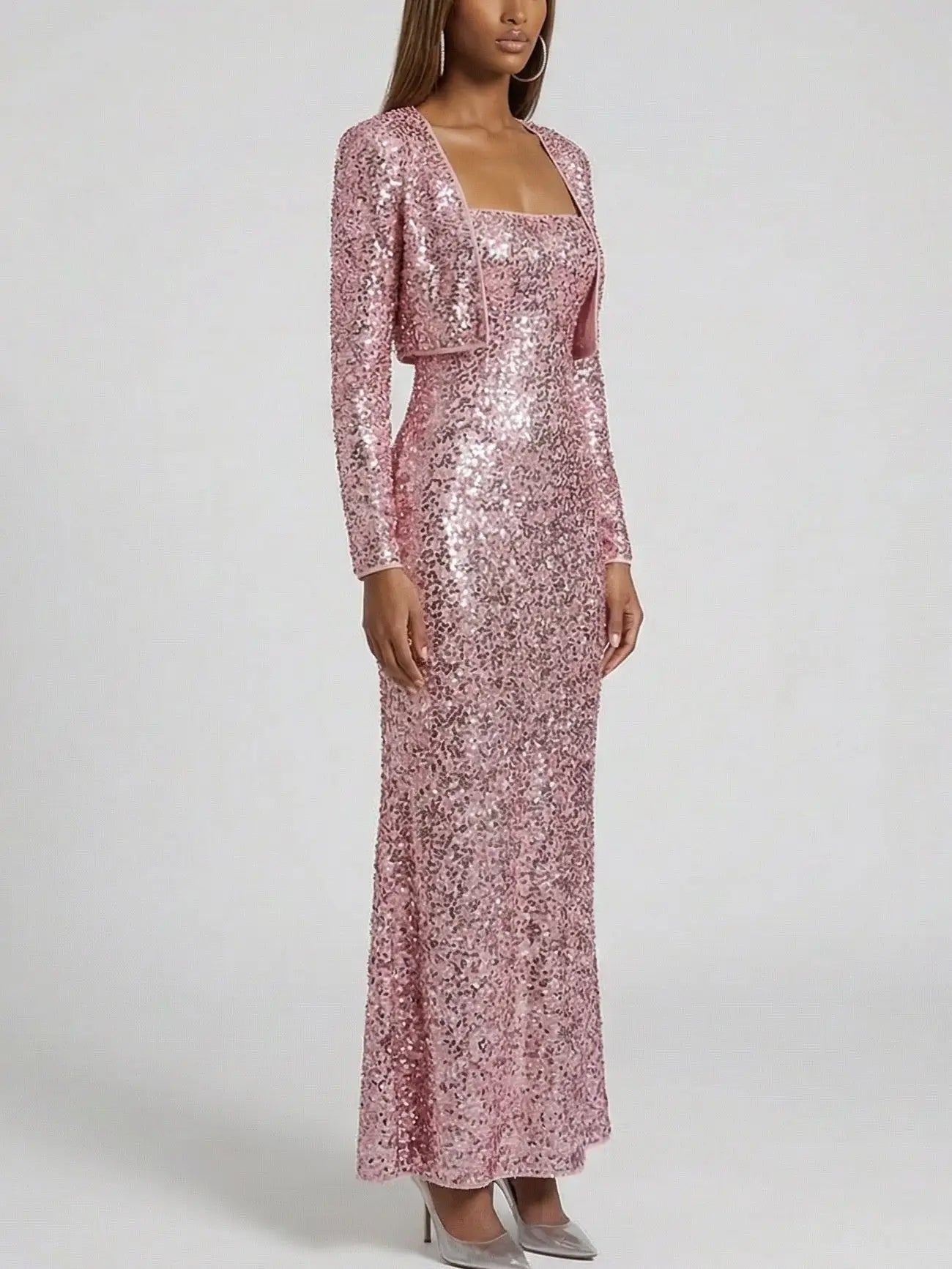 Corded Sequin Maxi Dress with Cropped Cardigan - Dresses