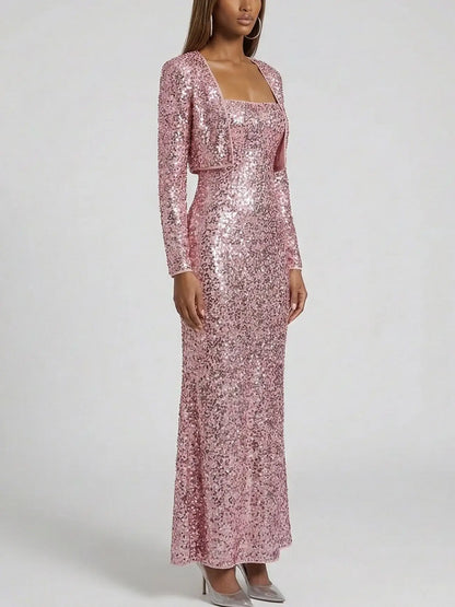 Corded Sequin Maxi Dress with Cropped Cardigan - Dresses