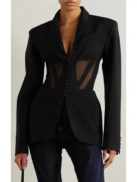 Corset Cut-Out Sheer-Panel Blazer Jacket - Branna Couture