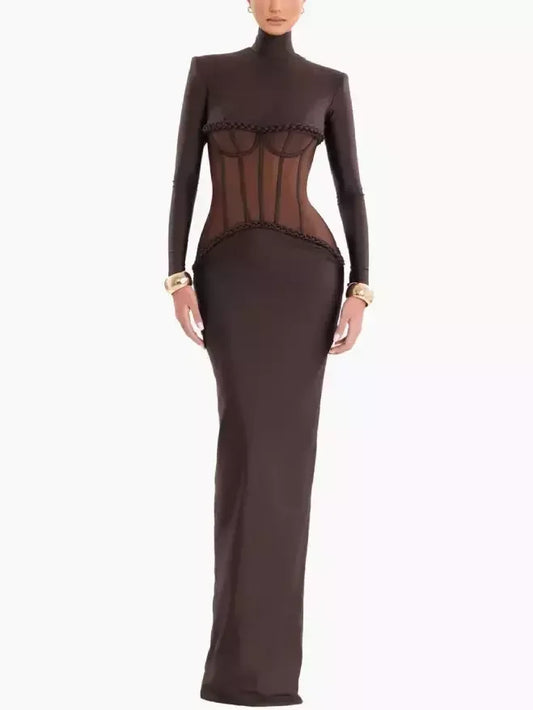 Corset Inspired Long Brown Stretch Gown XS Dresses