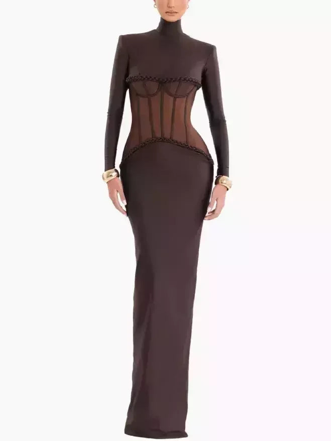 Corset Inspired Long Brown Stretch Gown Dresses