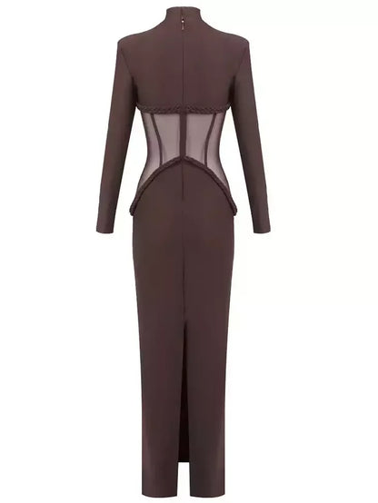 Corset Inspired Long Brown Stretch Gown Dresses