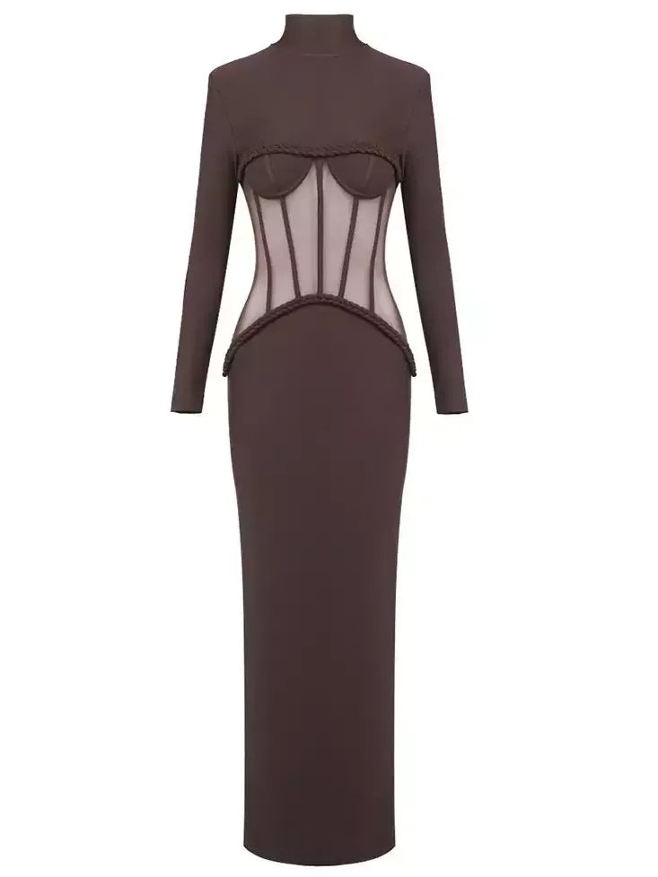 Corset Inspired Long Brown Stretch Gown Dresses