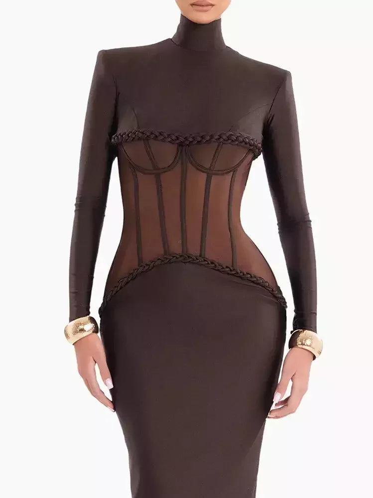 Corset Inspired Long Brown Stretch Gown Dresses