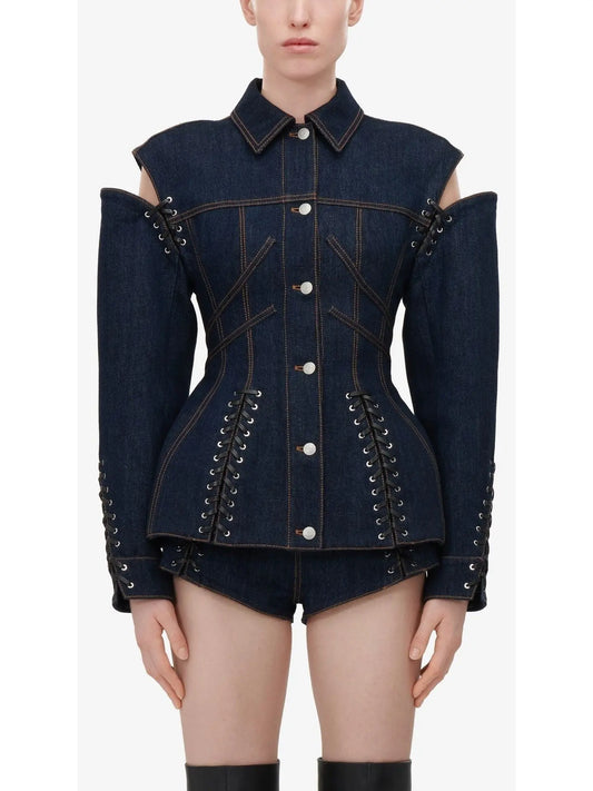 Corset Style Open-Shoulder Denim Jacket with Lace-up Details - Branna Couture