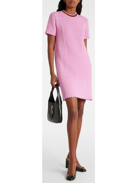 Cotton-Blend Open-Knit Pink Mini Dress - Branna Couture