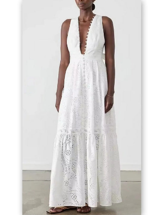 Cotton Broderie White Halter Maxi Dress - Branna Couture