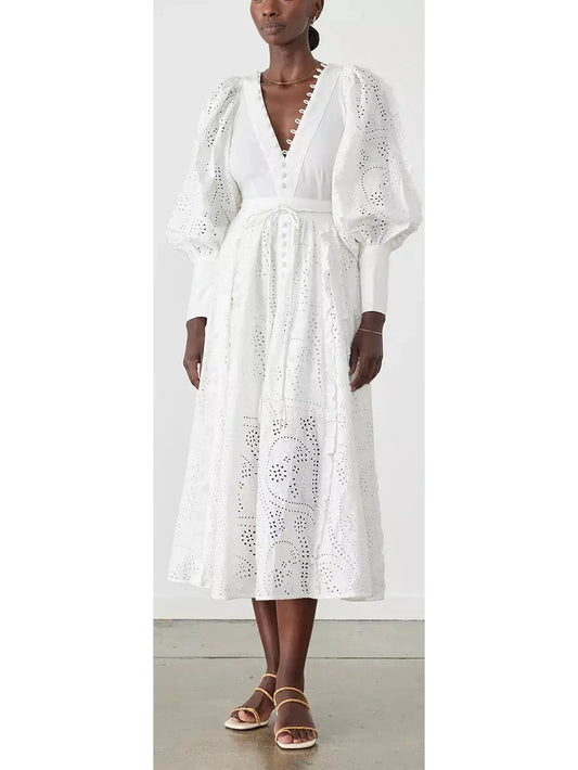 Cotton Broderie White Midi Dress - Branna Couture