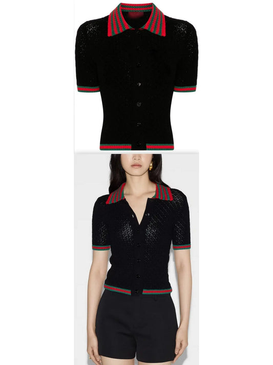 Cotton Lace Polo T-Shirt in Black with Red and Green Crochet Trim  - Branna Couture