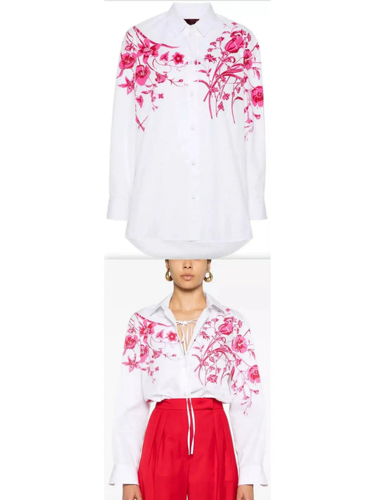 Cotton Poplin Shirt in White with Red Floral Print - Branna Couture