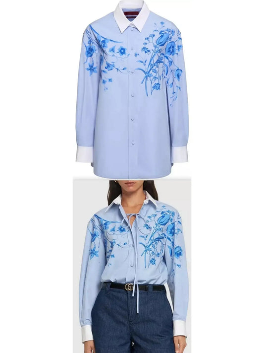 Cotton Poplin Shirt with Floral Print in Blue - Branna Couture