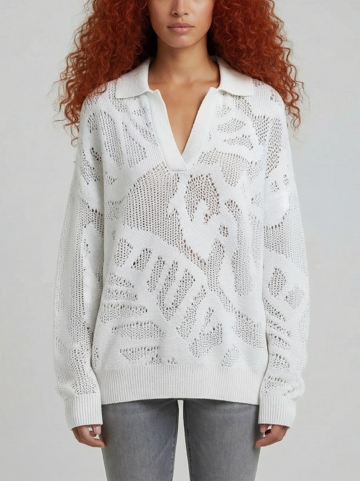 Cotton Open-Knit Collared Sweater - Small / White - Sweaters & Knitwear