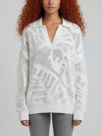 Cotton Open-Knit Collared Sweater - Small / White - Sweaters & Knitwear