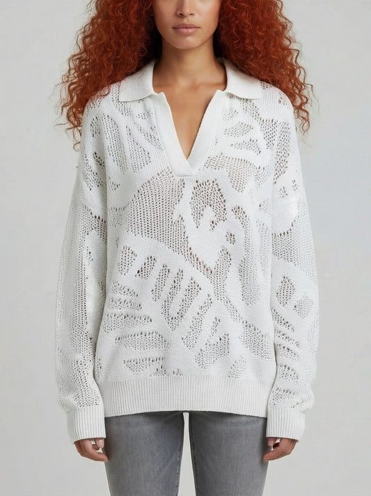 Cotton Open-Knit Collared Sweater - Small / White - Sweaters & Knitwear