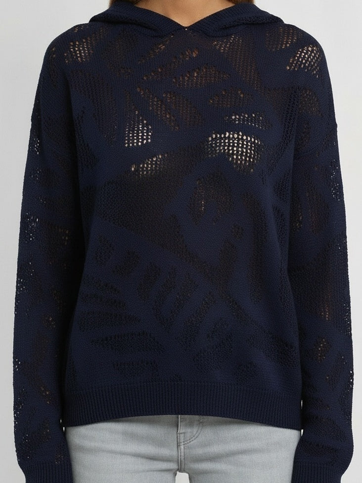 Cotton Hooded Open-Knit Sweater - Sweaters & Knitwear