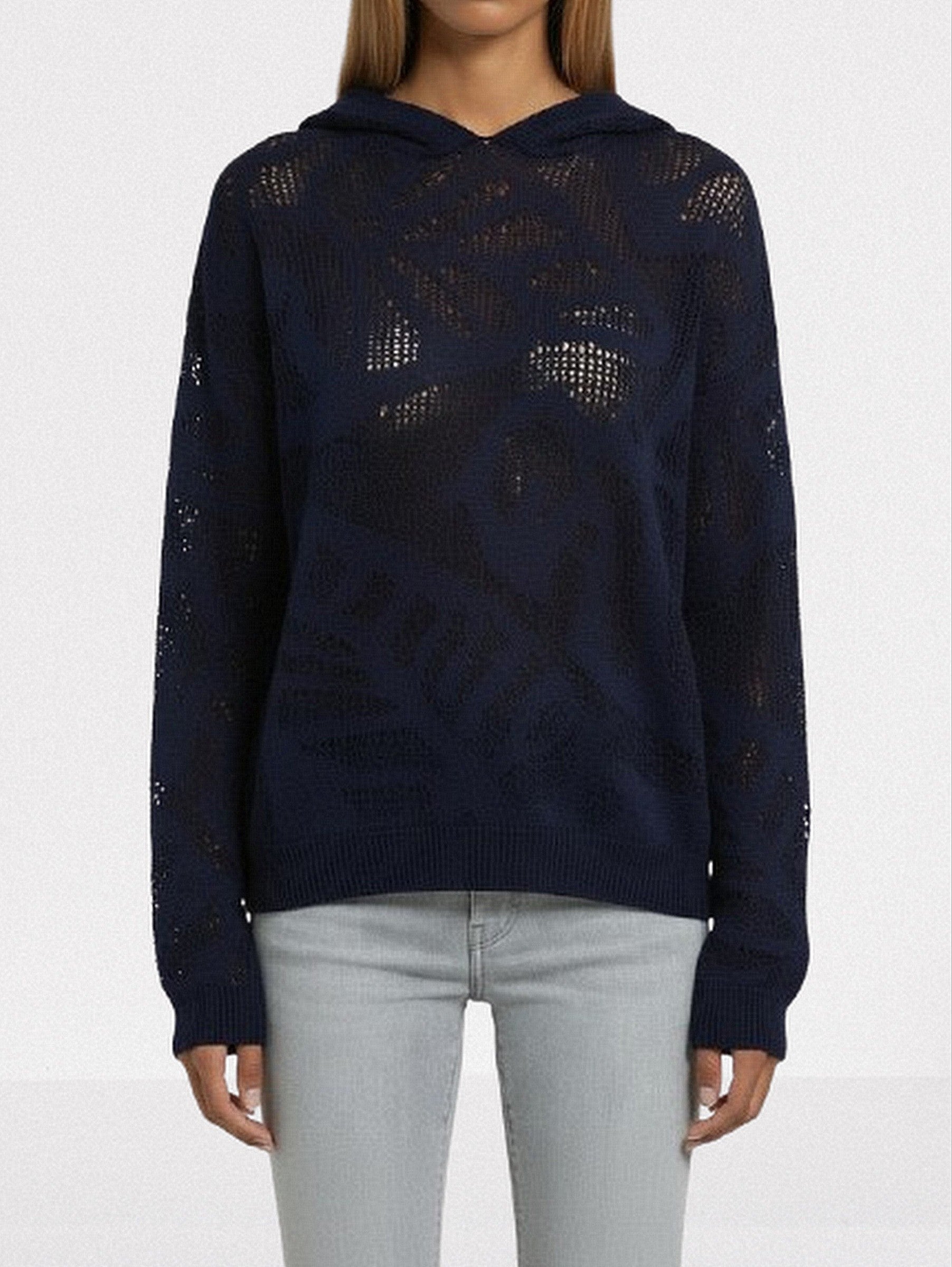 Cotton Hooded Open-Knit Sweater - Small / Navy - Sweaters & Knitwear