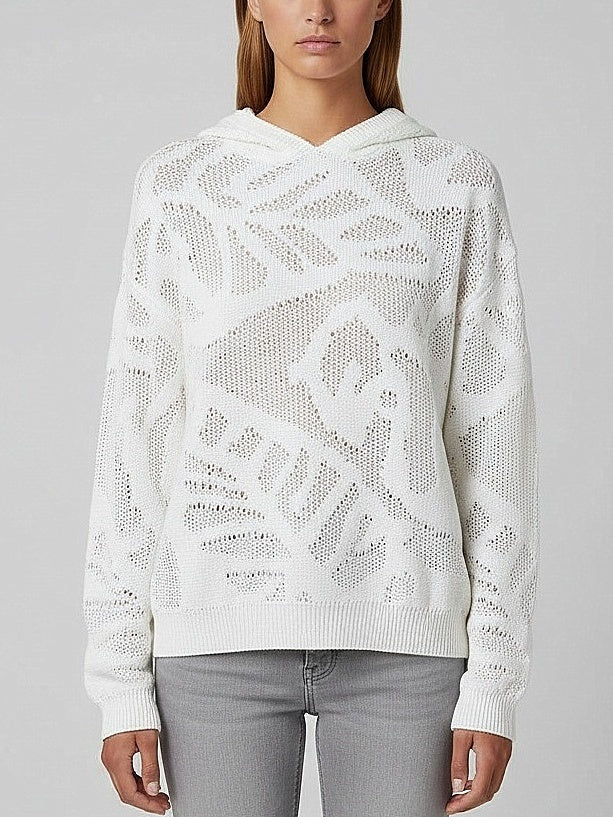 Cotton Hooded Open-Knit Sweater - Small / White - Sweaters & Knitwear