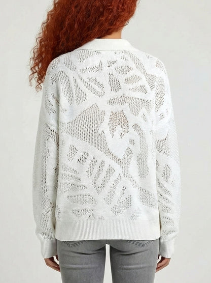 Cotton Open-Knit Collared Sweater - Sweaters & Knitwear