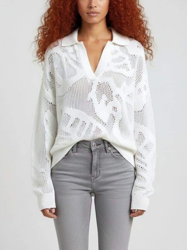 Cotton Open-Knit Collared Sweater - Sweaters & Knitwear