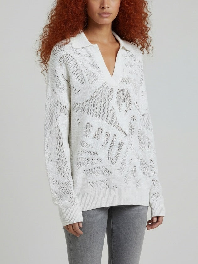 Cotton Open-Knit Collared Sweater - Sweaters & Knitwear