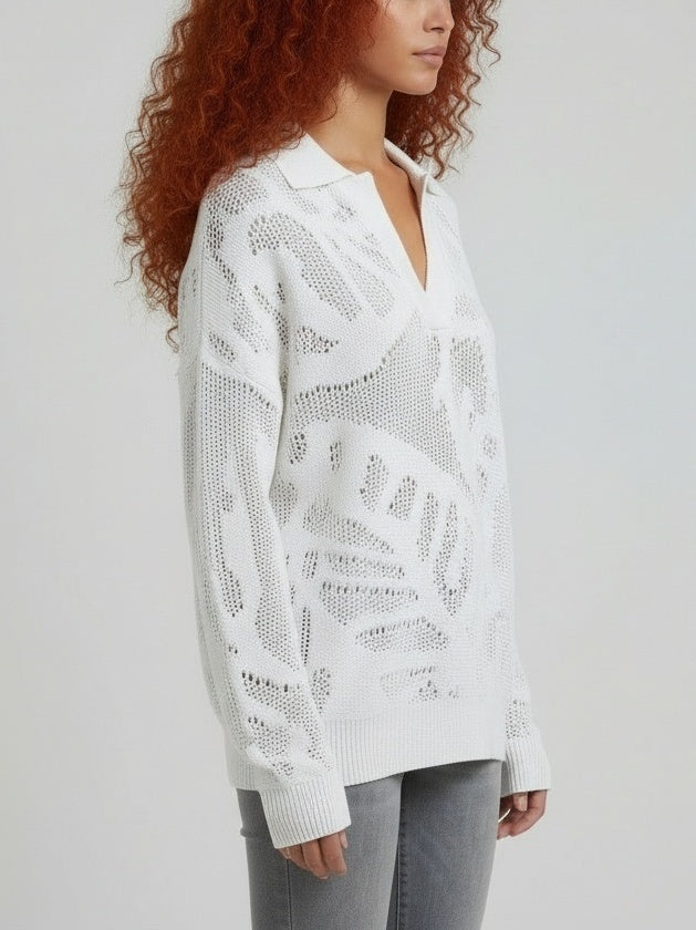 Cotton Open-Knit Collared Sweater - Sweaters & Knitwear