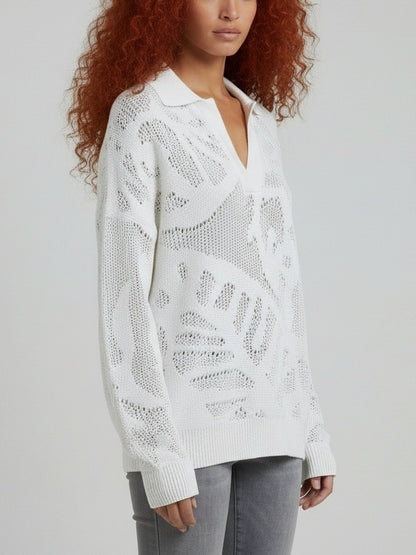 Cotton Open-Knit Collared Sweater - Sweaters & Knitwear