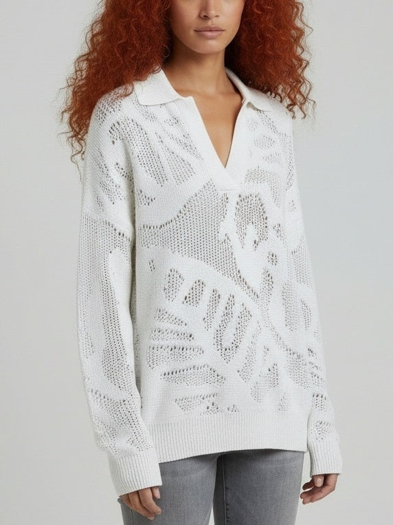 Cotton Open-Knit Collared Sweater - Sweaters & Knitwear