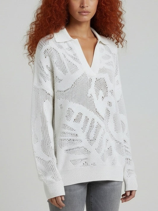 Cotton Open-Knit Collared Sweater - Sweaters & Knitwear